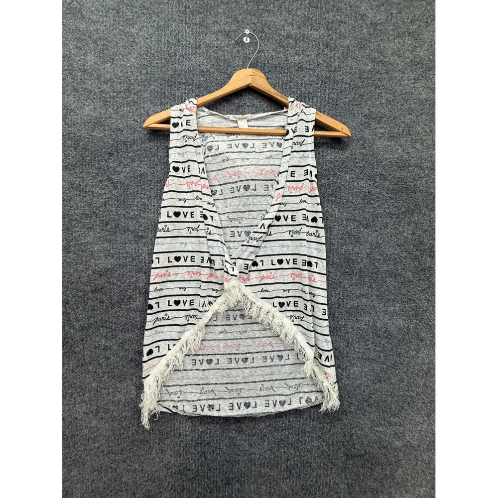 Self Esteem Vest Kids Large Gray Paris Heart Fringe Hooded Layering Top Boho Y2K